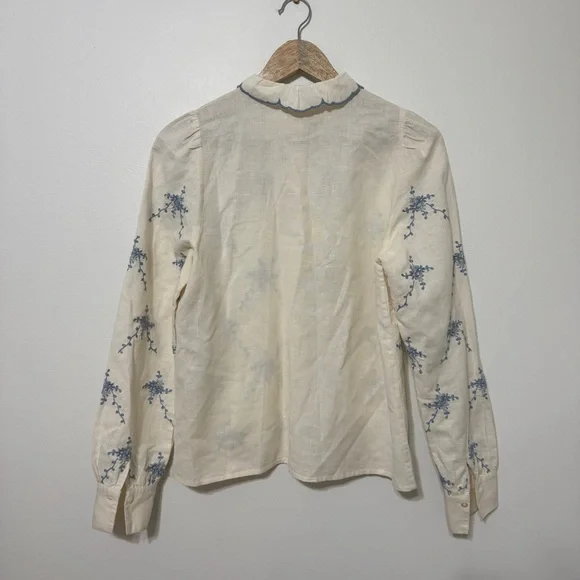 Sezane Floral Linen Embroidered Top Size EU 34 US 2 Ambre Shirt cotton Blue - Picture 8 of 11